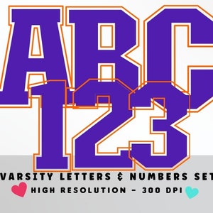 PURPLE And ORANGE Sports Alphabet & Numbers Set PNG - Scrapbooking Letters - Block Letters - Sports Font Football Letters Set - Varsity Font