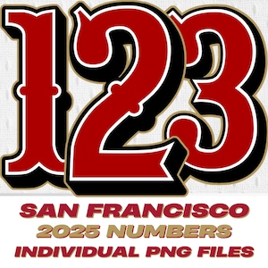 May include: Bold red numbers 1, 2, and 3 with black and gold outlines, set against a white background. The text "SAN FRANCISCO 2025 NUMBERS INDIVIDUAL PNG FILES" is displayed below the numbers. The numbers have a vintage style.
