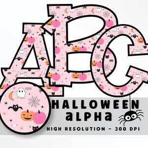 Conjunto de letras de fonte rosa de Halloween PNG, alfabeto de vibrações de Halloween, sublimação, prensa térmica, ferro ligado, HTV, impressão, alfa pastel de Halloween
