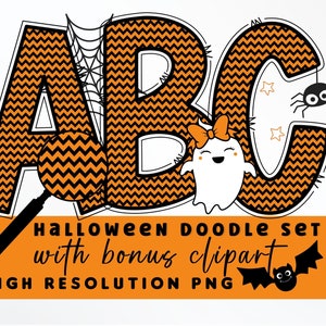 Conjunto de letras de Doodle de Halloween com padrão Chevron PNG, alfabeto de Halloween, sublimação, prensa térmica, ferro ligado, impressão HTV, alfabeto Chevron