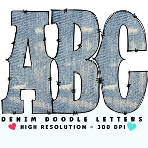 Light Denim WESTERN DOODLE Alphabet & Numbers Set PNG - Scrapbooking, Crafting, Iron On, Print, Digital Letters, Doodle Letters, Grunge