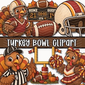 May include: A digital illustration set featuring turkeys in football gear, including a player with a helmet and ball, a referee, and a cheerleader with pom-poms. The scene includes a scoreboard reading 21 to 14, a goalpost, and autumn leaves. Text reads TURKEY BOWL CLIPART.