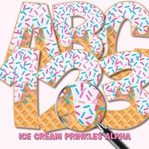 Eiscreme-Streusel-Buchstaben, Geburtstagstorte, Zuckerguss-Buchstaben, PNG, Waffelkegel-Alphabet, Streusel, rosa und blaue Konfetti-Buchstaben zum Ausdrucken