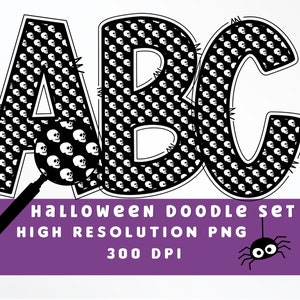 Calaveras Halloween Doodle Letters Set PNG, Alfabeto de Halloween, Sublimación, Prensa de Calor, Plancha, Impresión HTV, Conjunto de Alfabeto de Halloween
