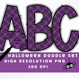 Patrón púrpura y negro Halloween Doodle Letters Set PNG, Alfabeto de Halloween, Sublimación, Prensa de calor, Hierro encendido, Impresión HTV, Conjunto de alfabeto
