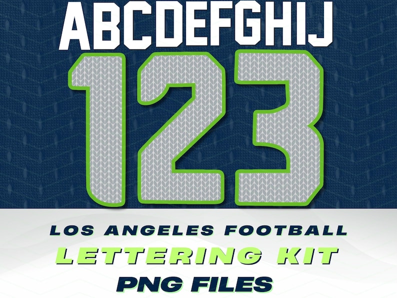 Puede incluir: Un dise&ntilde;o gr&aacute;fico digital con las letras A a la J y los n&uacute;meros 1, 2 y 3. Los n&uacute;meros tienen un patr&oacute;n de punto gris con un contorno verde. El texto "LOS ANGELES FOOTBALL LETTERING KIT PNG FILES" est&aacute; en la parte inferior.