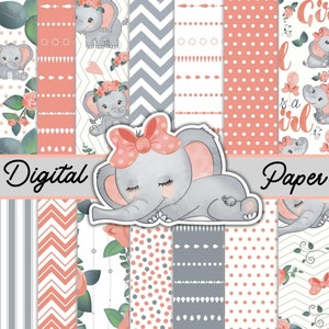 Lindo Bebé Elefante Papel Digital - Alta Resolución - 12x12 - Scrapbooking - Tarjetas - Descarga Digital - Imprimible - Artesanía Digital - Baby Shower