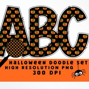 Calabazas de Halloween Doodle Letters Set PNG, Alfabeto de Halloween, Sublimación, Prensa de Calor, Hierro encendido, Impresión HTV, Conjunto de Alfabetos, Jack O Lantern