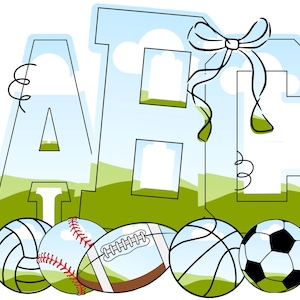 May include: Illustration of the letters "ABC" with a sky and grass background. Various sports balls, including a volleyball, baseball, football, basketball, and soccer ball, are at the bottom. A decorative bow is at the top.
