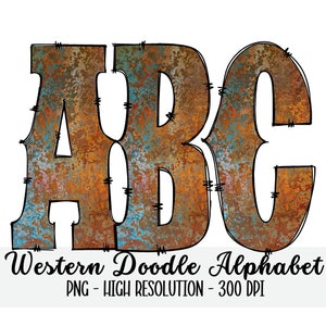 Rusty Metal WESTERN DOODLE Alphabet & Numbers Set PNG - Scrapbooking, Crafting, Iron On, Print, Digital Letters, Doodle Letters, Grunge