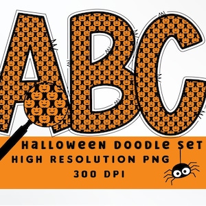 Calabazas de Halloween Doodle Letters Set PNG, Alfabeto de Halloween, Sublimación, Prensa de Calor, Hierro encendido, Impresión HTV, Conjunto de Alfabetos, Jack O Lantern