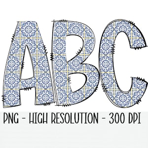 Azulejos mediterráneos Doodle alfabeto y números conjunto PNG - sublimación - prensa de calor - fondo transparente - amarillo - azul - hierro en - impresión