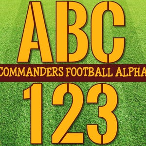 Puede incluir: Letras y números amarillos y marrones en una plantilla sobre un fondo de hierba verde. Las letras deletrean "ABC" y los números deletrean "123". El texto "COMMANDERS FOOTBALL ALPHA" está en letras marrones sobre un fondo marrón.