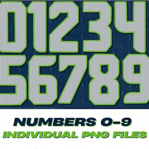 Puede incluir: Gr&aacute;fico con los n&uacute;meros del 0 al 9 en un dise&ntilde;o estilo jersey. Los n&uacute;meros son blancos con un patr&oacute;n texturizado, contorneados en verde, sobre un fondo azul. El texto en la parte inferior dice "NUMBERS 0-9 INDIVIDUAL PNG FILES."