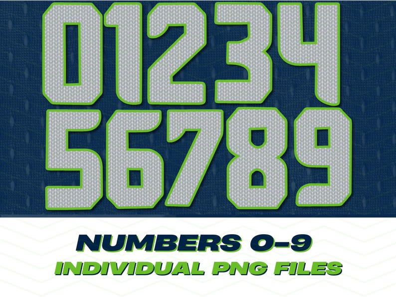 Puede incluir: Gr&aacute;fico con los n&uacute;meros del 0 al 9 en un dise&ntilde;o estilo jersey. Los n&uacute;meros son blancos con un patr&oacute;n texturizado, contorneados en verde, sobre un fondo azul. El texto en la parte inferior dice "NUMBERS 0-9 INDIVIDUAL PNG FILES."