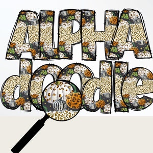 Leopard Print Glitter Pumpkin Doodle Letter Set PNG, Alfabeto de otoño PNG, Sublimación, Prensa de calor, Hierro encendido, HTV, Impresión, Letras de doodle de calabaza