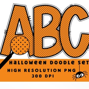 Conjunto de letras de Doodle de Halloween com bolinhas laranja e pretas PNG, alfabeto de Halloween, sublimação, prensa térmica, ferro ligado, impressão HTV, conjunto de alfabeto