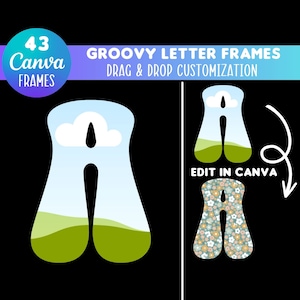 May include: A digital illustration of the letter A in a groovy style. The letter is filled with a blue sky, white clouds, and green grass. The text "EDIT IN CANVA" is visible in the image.