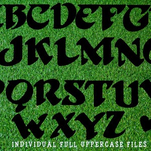 May include: Black uppercase letters of the alphabet A through Z in a stylized font on a green grass background.  The letters are individually cropped and available for download.  INDIVIDUAL FULL UPPERCASE FILES.