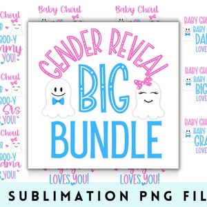 May include: Digital designs for a gender reveal, with ghost characters and the phrases "Gender Reveal Big Bundle" and "Baby Ghoul Loves You!" in pink and blue. Includes 44 sublimation PNG files.