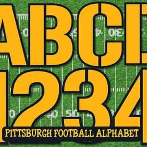 Alfabeto y números del equipo de fútbol de Pittsburgh, letras PNG de fútbol, kit de letras de camisetas PNG, letras negras y amarillas, negras y doradas