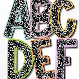 May include: Colorful ABC and DEF letters with a composition notebook paper texture. The letters are outlined in various colors, including blue, pink, yellow, green, orange, and purple, against a white background. The letters are 3D and have a shadow effect.