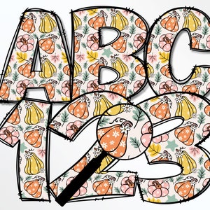Lindo conjunto de letras de garabato de calabaza dibujadas a mano PNG, alfabeto de otoño PNG, sublimación, prensa de calor, plancha, HTV, impresión, letras de garabato de calabaza