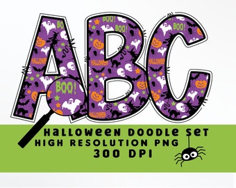 May include: Halloween themed alphabet letters A, B, and C with a purple background and black, white, orange, and green Halloween themed patterns. The letters are outlined in black. The text "BOO!" appears multiple times on the letters. The text "HALLOWEEN" appears multiple times on the letters. The text "HALLOWE" appears once on the letters. The text "DOODLE SET HIGH RESOLUTION PNG 300 DPI" appears below the letters. A black spider with white eyes appears below the text.