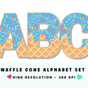 Waffeltüte Alphabet & Zahlen Set PNG, Scrapbooking, Basteln, Aufbügeln, Druck, digitale Buchstaben, Eis Buchstaben, Waffel mit Streuseln