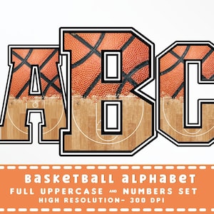 LETRAS DE BALONCESTO, Alfabeto deportivo y conjunto de números PNG - Letras para scrapbooking - Letras de molde - Conjunto de letras de baloncesto deportivo - Conjunto alfa
