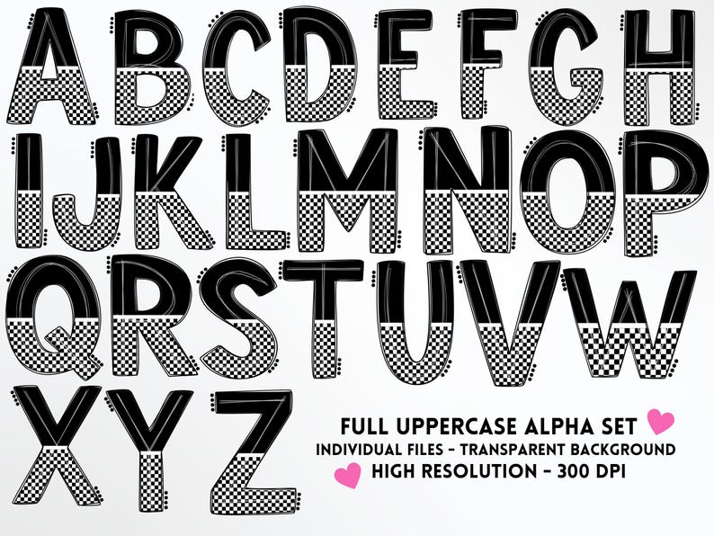 Checkered Doodle Alphabet PNG Bundle: Scrapbooking, Iron on (digital ...