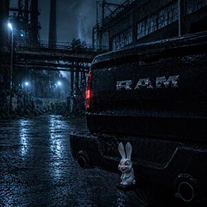Puede incluir: La parte trasera de una camioneta RAM negra se muestra en un entorno industrial oscuro y húmedo. Una pequeña figura de conejo blanco sonriente está unida al enganche de la camioneta. La palabra "RAM" es visible en letras cromadas en el portón trasero.