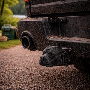 Op de afbeelding: Close-up van een zwarte truckbumper met een sculptuur van een hondenhoofd als trekhaakafdekking. De trekhaakafdekking is een gedetailleerde, donkergrijze sculptuur van een hondenhoofd. De truck is bedekt met modder.