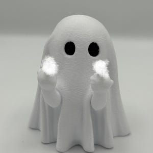 Puede incluir: Una figura de fantasma blanco con ojos negros y brazos extendidos, sosteniendo orbes brillantes. El fantasma tiene una apariencia de sábana drapeada, lo que sugiere un tema de Halloween o espeluznante. La figura está sobre un fondo liso.