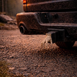 Könnte beinhalten: Nahaufnahme des Hecks eines schwarzen Trucks mit dem Wort "RAM". Eine dekorative, genähte Hand ist in die Anhängerkupplung eingesetzt. Der Truck steht auf einer Schotterstraße mit einem Wald im Hintergrund.