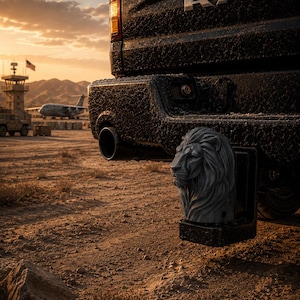 May include: A black hitch cover featuring a sculpted grey lion head design attached to the rear bumper of a black RAM pickup truck. The truck is parked on a dirt surface with a military airfield, a control tower, and an aircraft in the distance.