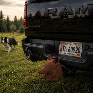 May include: A brown, sculpted dog head hitch cover attached to the rear bumper of a black RAM 1500 truck. The truck features a license plate reading STA 60920 with an American flag emblem. The hitch cover is detailed with textured fur.