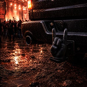Puede incluir: Una cubierta de enganche negra con forma de mano haciendo el signo de rock and roll, unida al parachoques trasero de una camioneta Ram negra. El vehículo tiene un acabado metálico y un tubo de escape circular, cerca de un escenario de concierto.