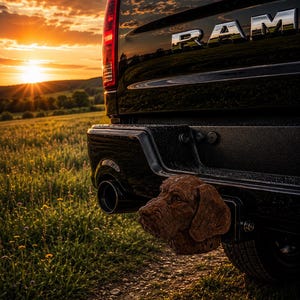 May include: A black RAM truck tailgate featuring a chrome RAM emblem and a brown, textured dog head sculpture attached to the trailer hitch receiver, positioned above a grassy field during a sunset with visible clouds and a bright sun.