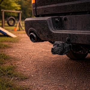 Könnte beinhalten: Schwarzer LKW mit silbernem "RAM"-Schriftzug. Eine schwarze Anhängerkupplungsabdeckung in Form eines Labrador Retriever-Kopfes ist an der hinteren Stoßstange angebracht. Der LKW steht auf einem Schotterweg mit einem Hunde-Agility-Parcours im Hintergrund.