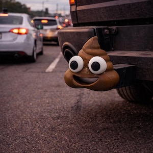 Könnte beinhalten: Ein brauner, lächelnder Kackhaufen-Emoji-Anhänger, befestigt an der Rückseite eines schwarzen Trucks. Das Emoji hat große weiße Augen mit schwarzen Pupillen. Der Truck befindet sich im Straßenverkehr.