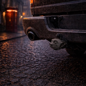 Könnte beinhalten: Nahaufnahme des Hecks eines schwarzen Trucks mit dem verchromten "RAM"-Logo. Eine graue, goblinartige Anhängerkupplungsabdeckung ist am Stoßfänger befestigt. Im Hintergrund eine Kopfsteinpflasterstraße und Gebäude.