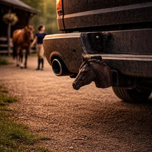 Op de afbeelding: Een close-up van de achterbumper van een vrachtwagen met een decoratieve paardenkop. De bumper is donker van kleur en stoffig, met het woord "RAM" in zilveren letters. Een paard en een persoon zijn op de achtergrond.