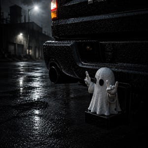 Peut inclure: Une figurine de fantôme blanc avec des yeux noirs circulaires et les mains levées dans un geste rock and roll, montée sur l'attelage d'un camion RAM noir. Le camion est garé sur une surface d'asphalte sombre et humide sous un éclairage nocturne.