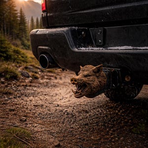 Könnte beinhalten: Nahaufnahme des Hecks eines schwarzen Trucks mit einer dekorativen Wildschweinkopf-Anhängerkupplung. Der Wildschweinkopf ist braun mit sichtbaren Stoßzähnen und detaillierter Textur. Der Truck steht auf einer unbefestigten Straße mit Wald im Hintergrund.