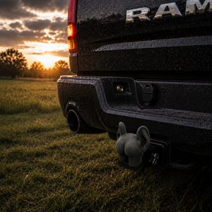 May include: A gray, sculpted hitch cover shaped like the rear end of a French bulldog, featuring prominent upright ears and a rounded tail, securely attached to the rear receiver hitch of a black pickup truck with the RAM logo visible.
