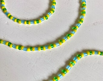 Long yellow green and blue necklace