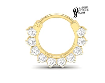 14K Solid Gold Diamond Septum Hoop, Ear Piercing Clicker Ring Luxury Gift