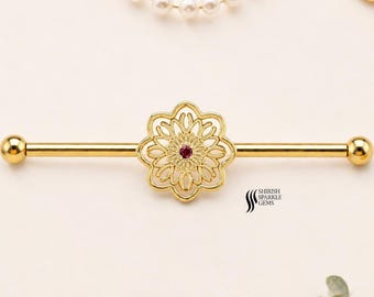 14k Solid Gold Ruby Flower Industrial Barbell, Red Gem Cartilage Earring Bar, Floral Helix Piercing Jewelry, Unique Gift for Her
