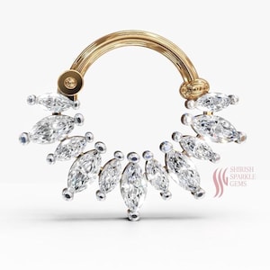 Gold septum piercing with diamond, Traditional Indian jewelry with diamond, 14k gold septum with marquise cut diamond, Septum cartilage Hoop
